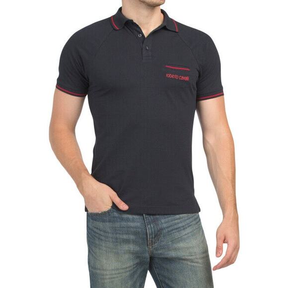 Roberto Cavalli Embroidered Logo Pique Short Sleeve Polo Shirt Navy Blue Top - Picture 1 of 8